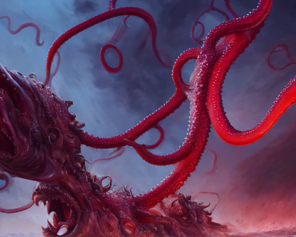 Monstrous purple creature with red tentacles in dramatic sky