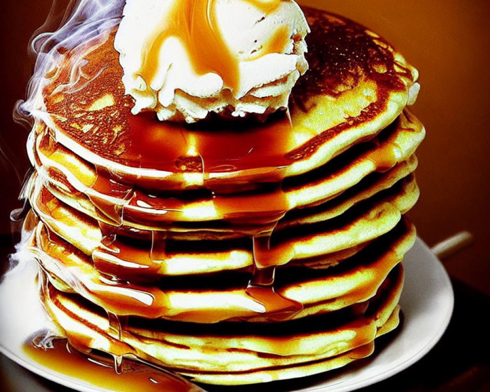 Fluffy Pancakes with Whipped Cream and Syrup on Plate