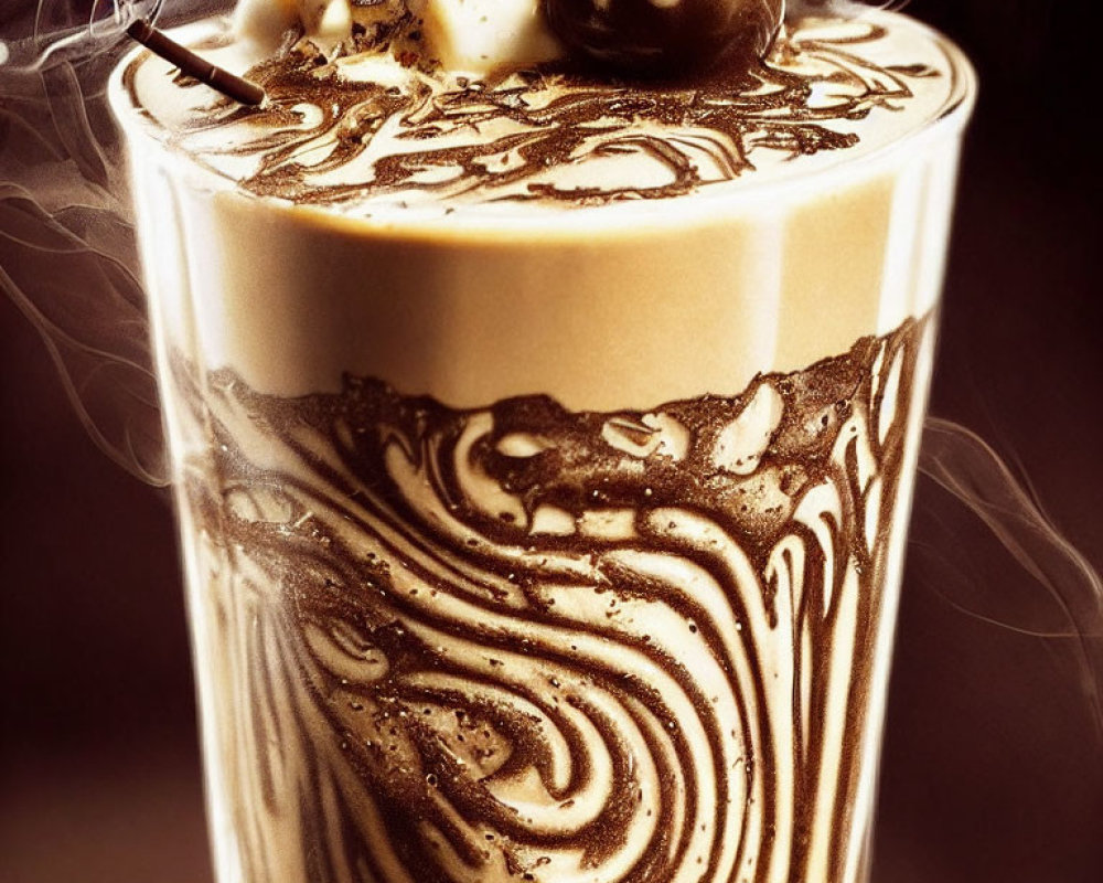 Creamy layered coffee drink with chocolate swirl design and whipped cream.