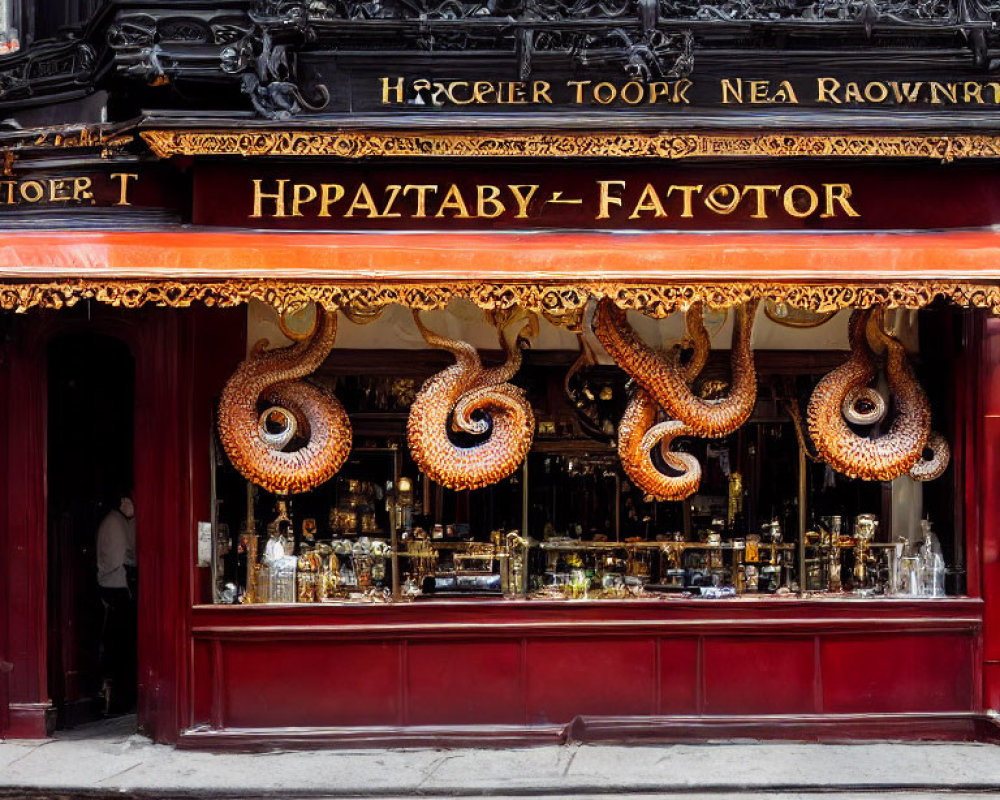 Elaborate Black and Gold Storefront with Octopus Tentacles Display