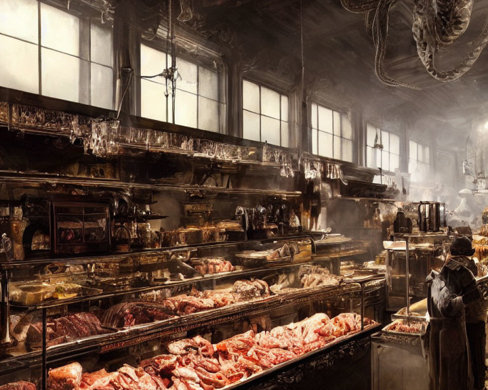 Vintage Butcher Shop with Dark Wooden Shelves and Smoke-Tinged Interior