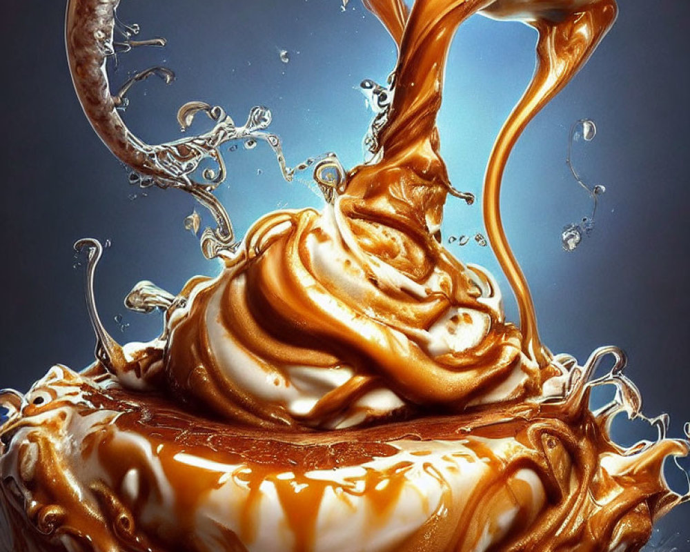 Creamy dessert with dynamic caramel splash and swirling liquid captured in motion