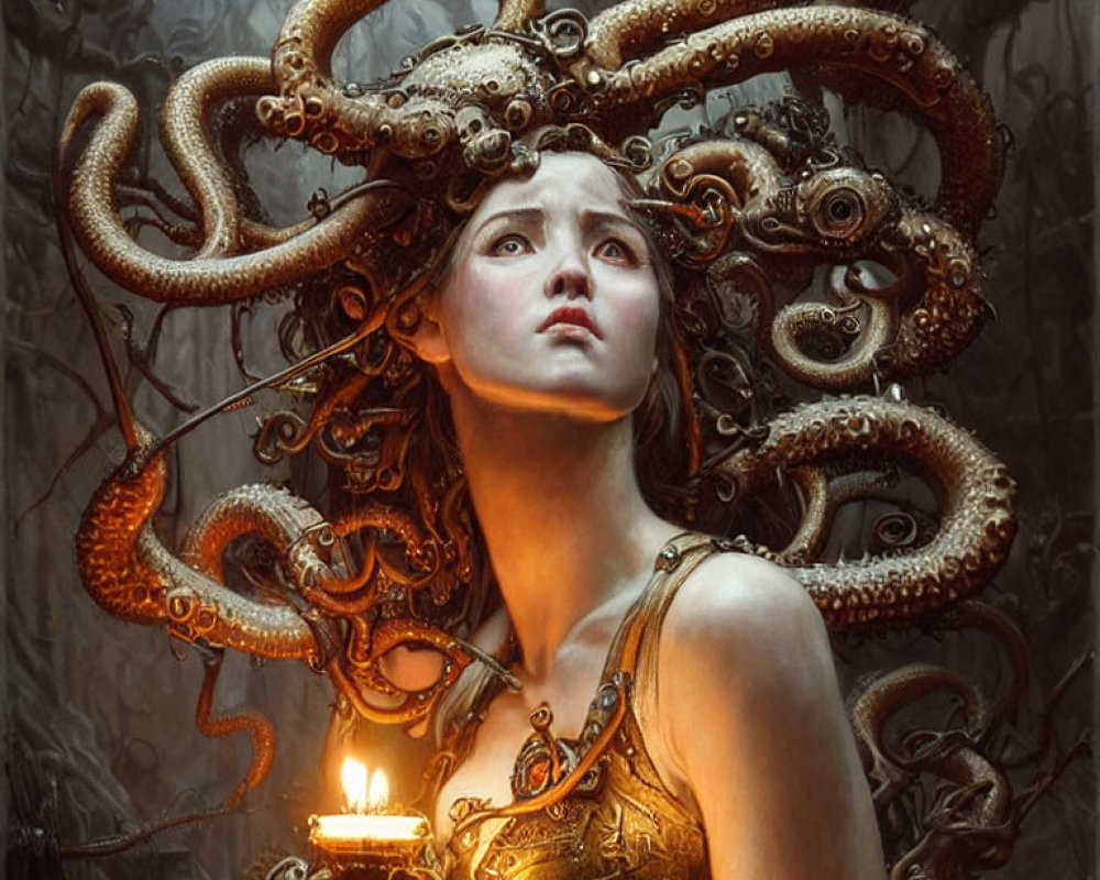 Intricate mechanical tentacles crown woman with candle in dark gothic setting