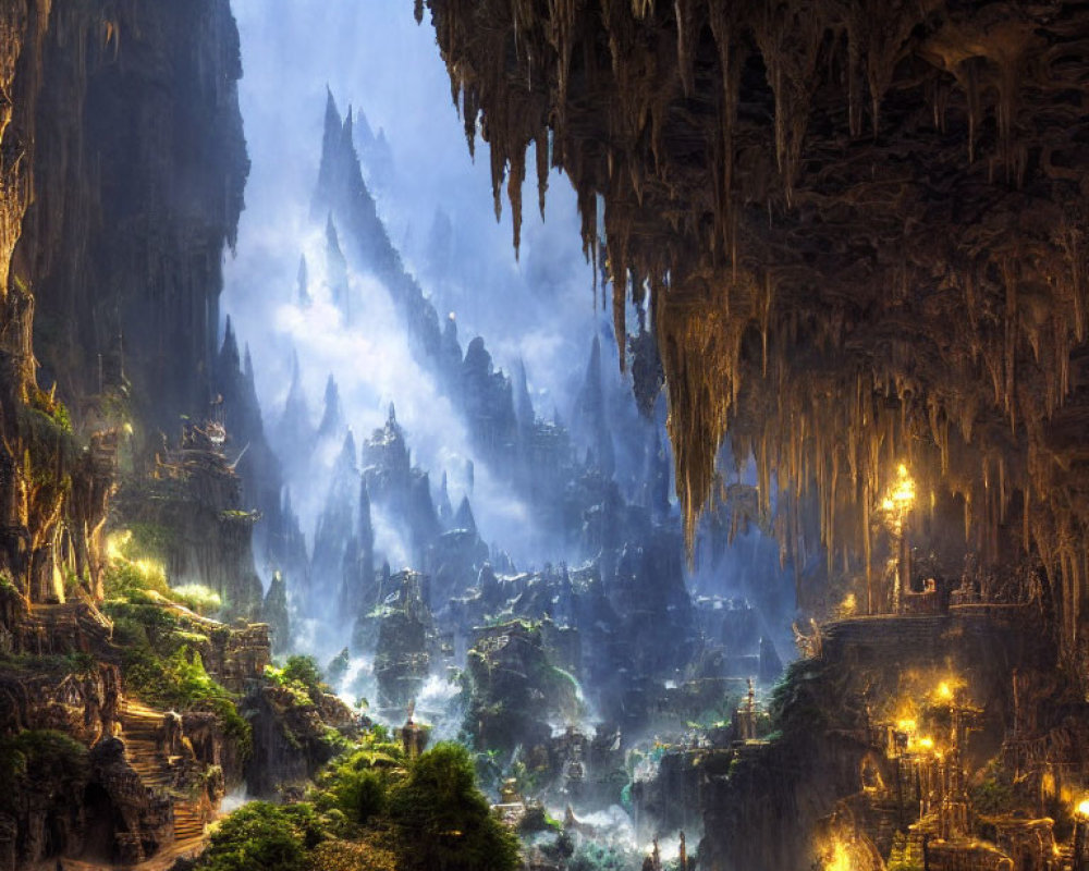 Mystical subterranean landscape with towering stalactites and softly illuminated buildings
