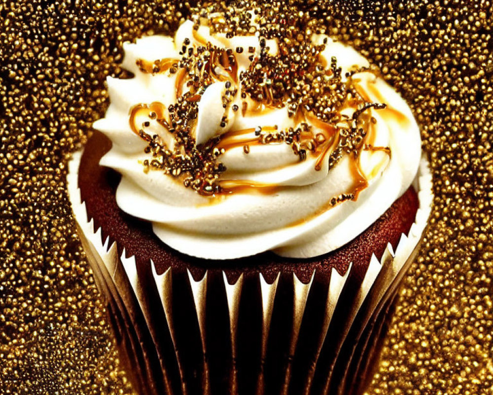 Chocolate Cupcake with White Frosting, Caramel Drizzle, and Golden Sprinkles on Gold
