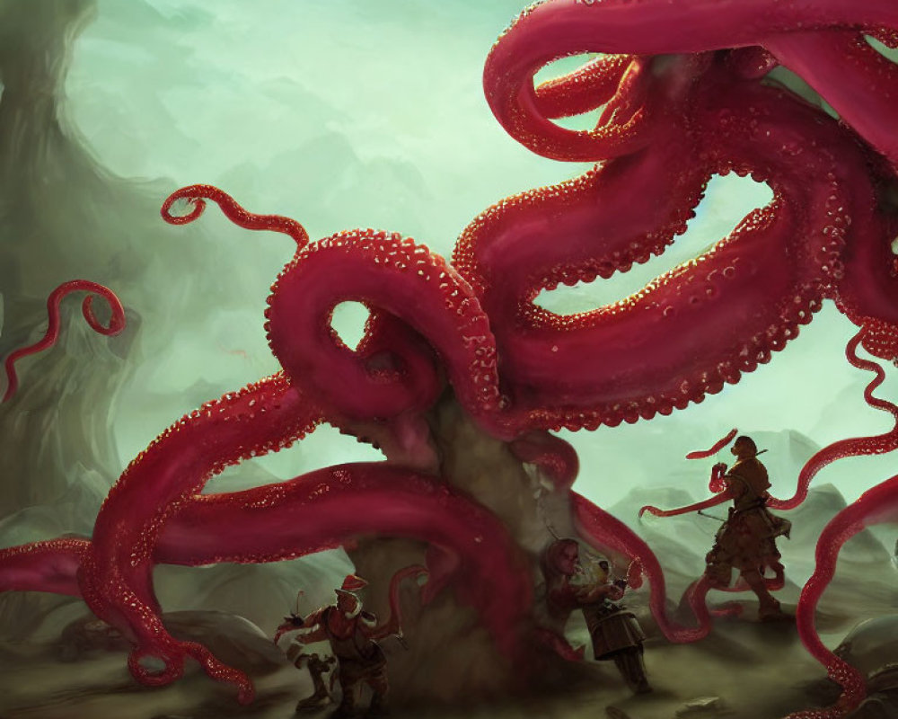 Giant Octopus Illustration Over Adventurers in Murky Background