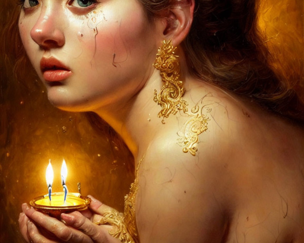 Woman with tearful eyes holding candleholder in golden ambiance with intricate patterns