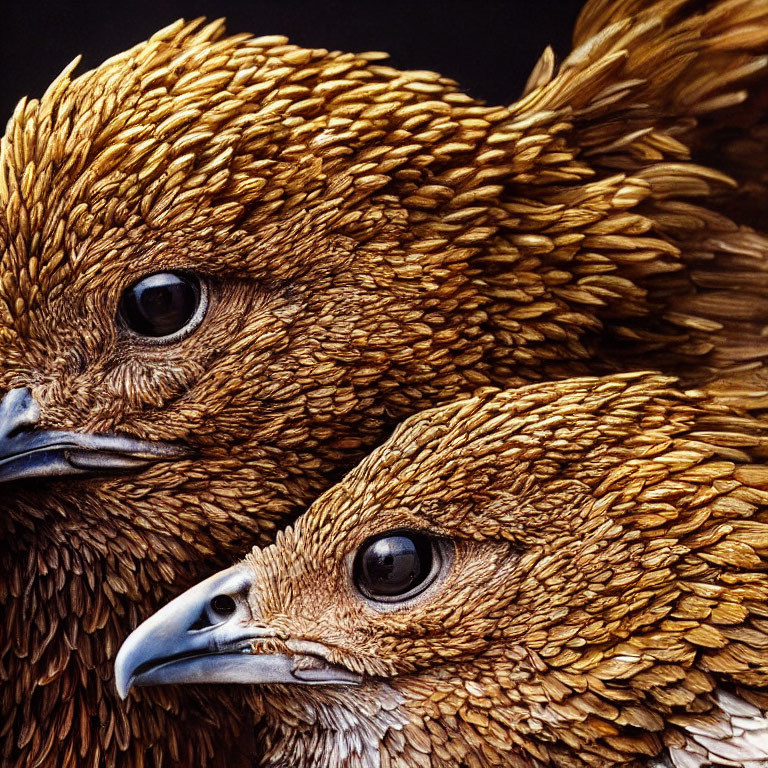 Brown intricately detailed feathered chickens side by side in frame.