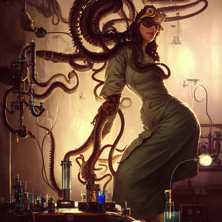 Steampunk-themed image of woman with goggles in workshop.