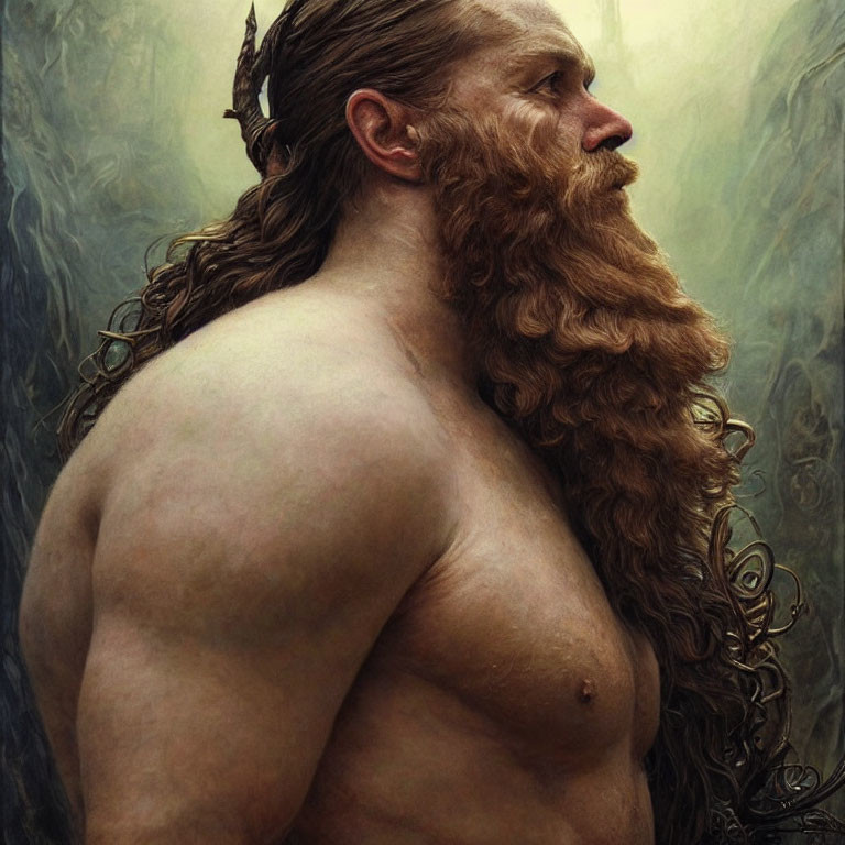 Muscular bearded man portrait against natural background with foliage.