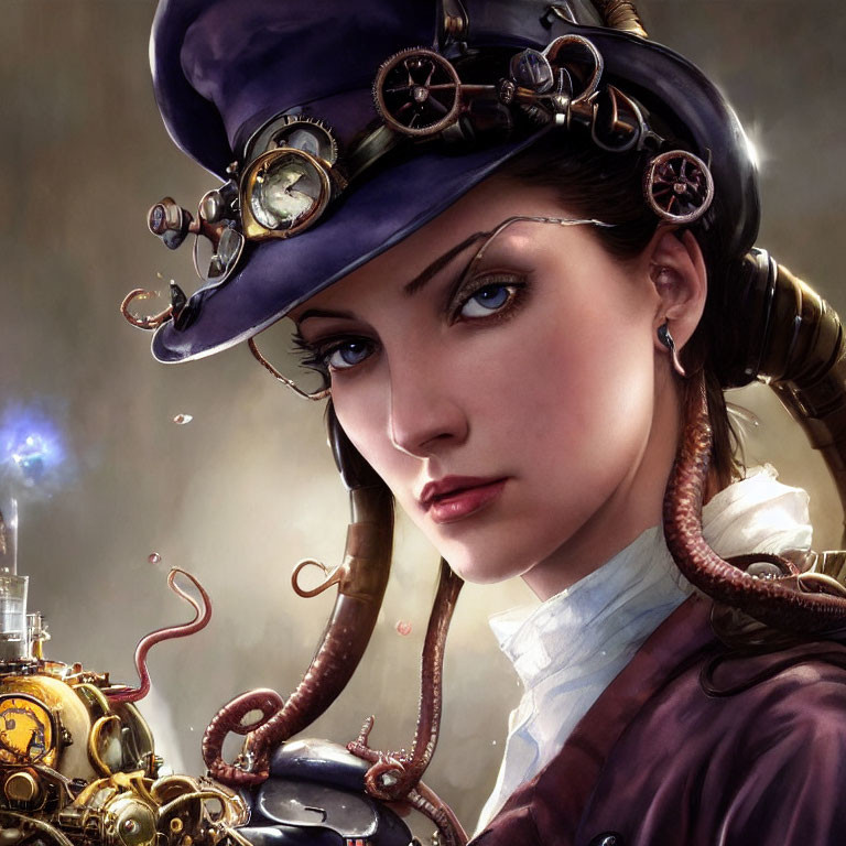 Steampunk-themed artwork of woman with gear-adorned hat & goggles