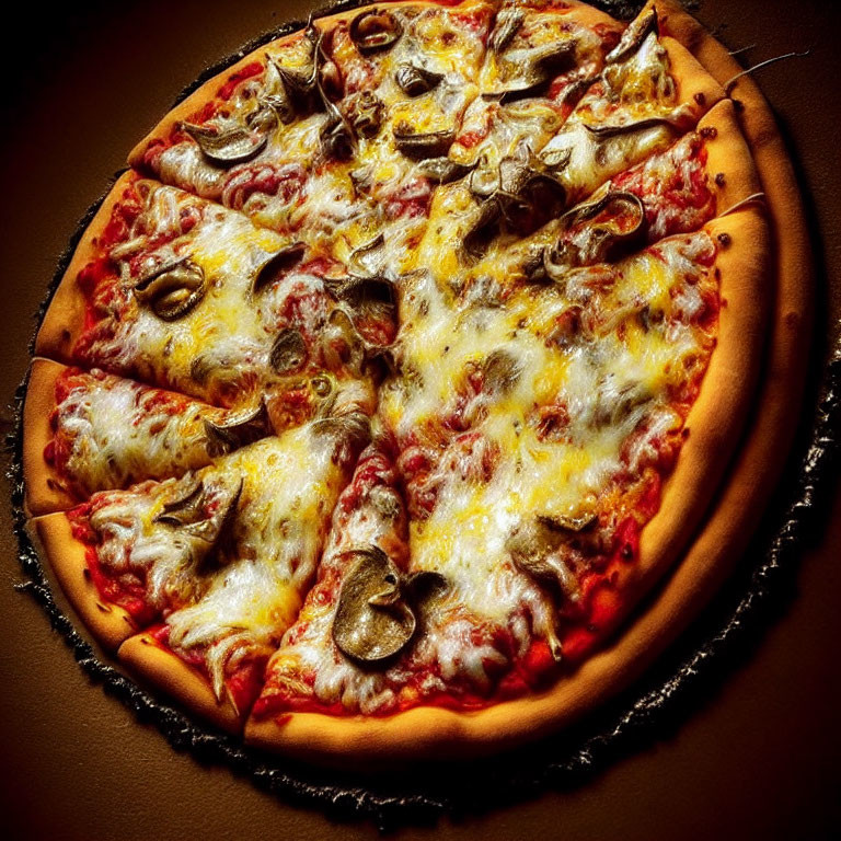 Cheese and Pepperoni Pizza with Mushrooms on Dark Background