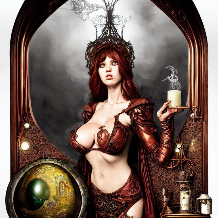 Fantastical female figure in crown and armor with mystical backdrop and glowing orb.