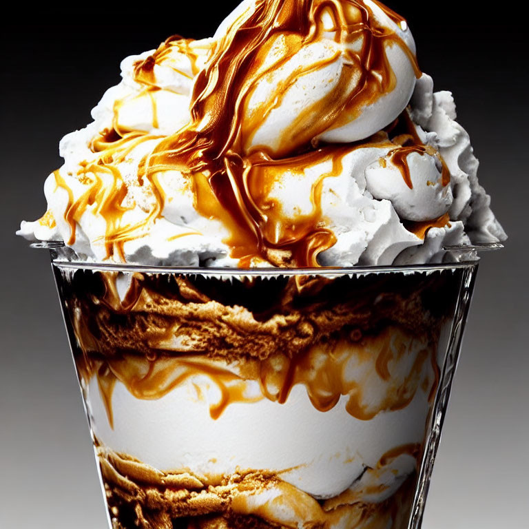 Caramel sundae with whipped cream and drizzled sauce in clear container