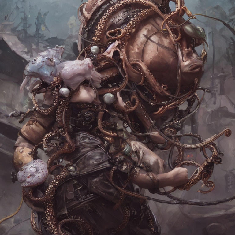 Dark fantasy artwork: Person in intricate suit with large helmet, wires, tubes, alien creatures