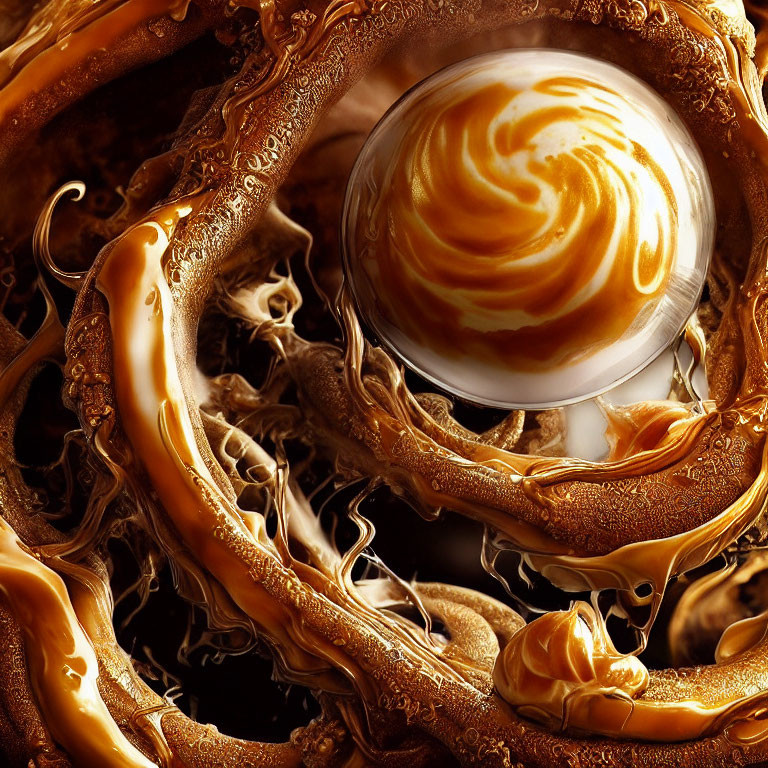 Swirling Caramel and Chocolate Textures with Creamy Marble-like Sphere