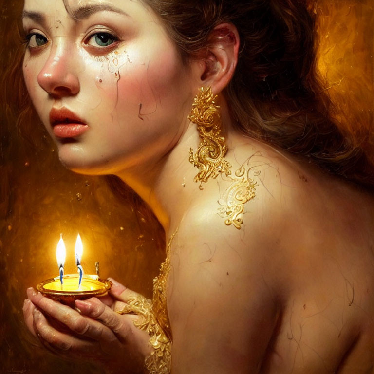 Woman with tearful eyes holding candleholder in golden ambiance with intricate patterns