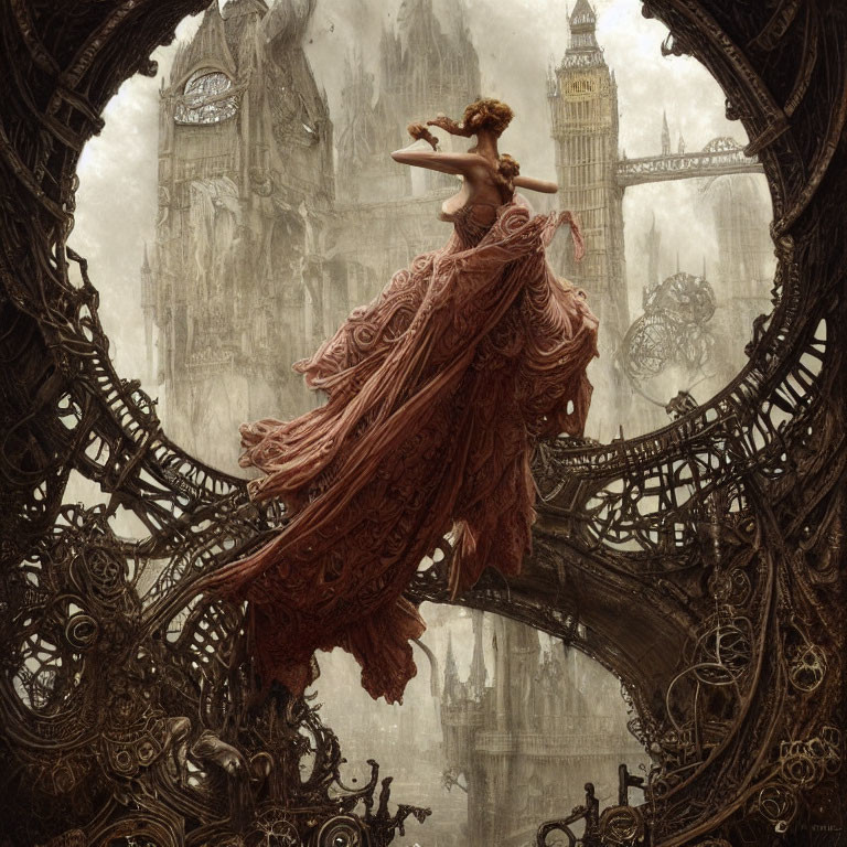 Woman in pink gown dances among gothic gears with Big Ben in steampunk fantasy scene