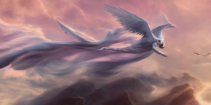 Ethereal bird with elongated wings over misty mountains