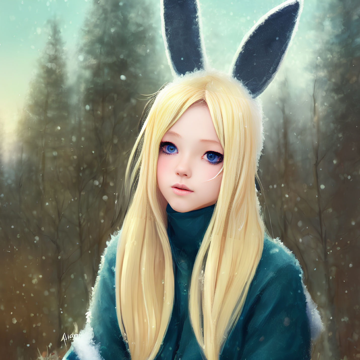 Blonde Girl in Rabbit Ears and Green Coat in Snowy Forest