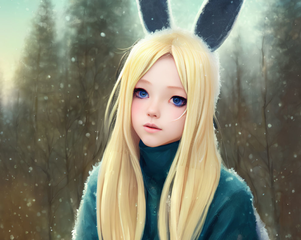 Blonde Girl in Rabbit Ears and Green Coat in Snowy Forest