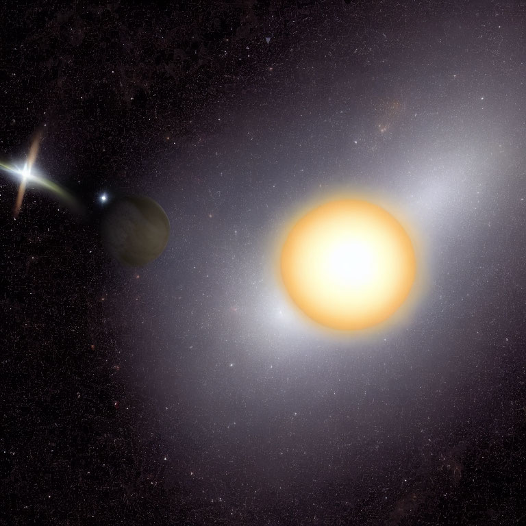 Bright sun, planet, moon, and comet in star system illustration