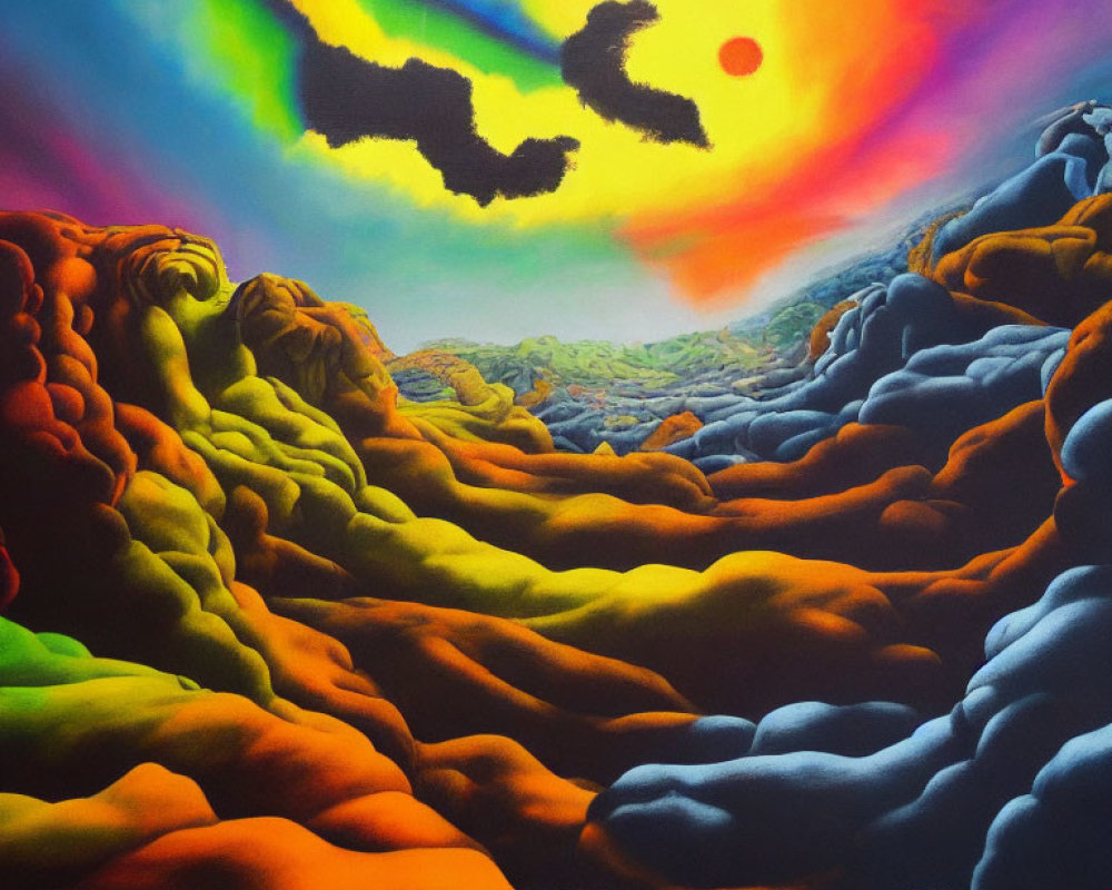 Colorful Painting of Rolling Hills Under Psychedelic Sky
