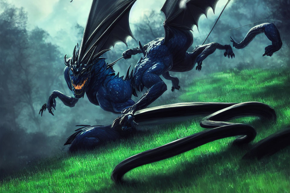 Majestic blue dragon with spread wings in misty green forest
