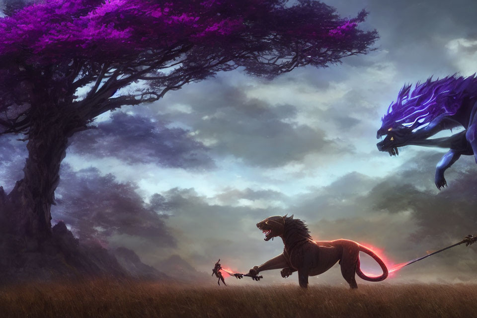 Fantasy scene with humanoid lion, spear-wielding figure, and purple-winged dragon under large tree