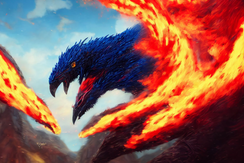 Colorful Blue Dragon Breathing Fire in Stormy Sky