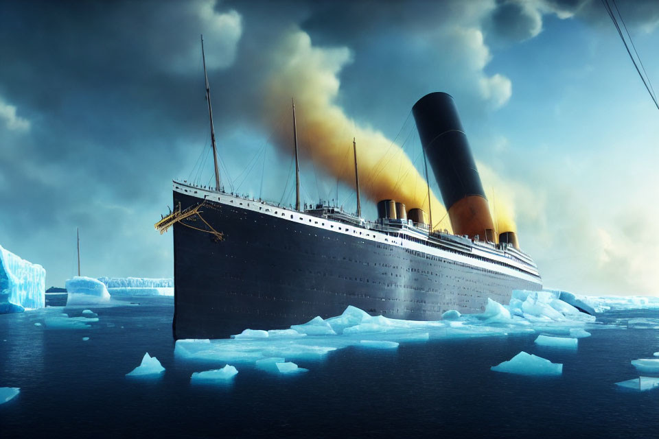 Vintage ocean liner with black hull and yellow funnels in icy waters among icebergs.