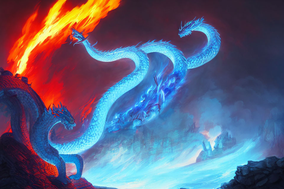 Blue three-headed dragon breathing flames in fiery sky and volcanic landscape