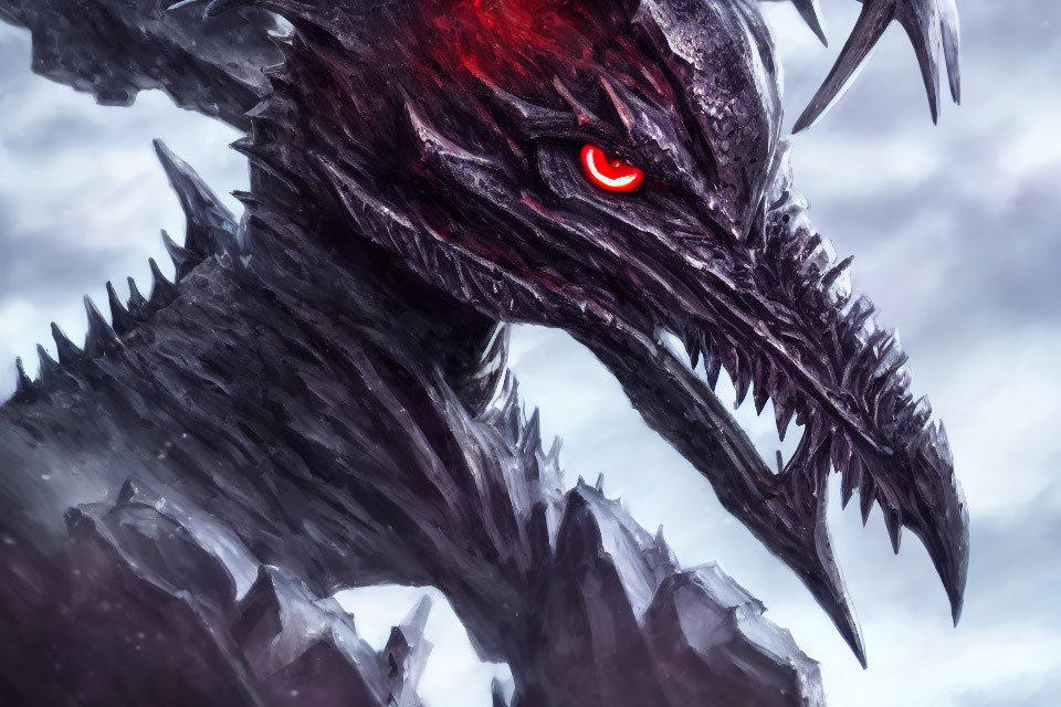 Black dragon with red eyes and spikes in misty backdrop