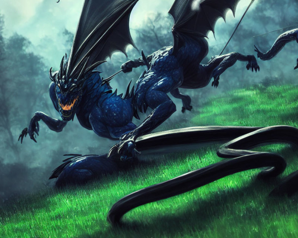 Majestic blue dragon with spread wings in misty green forest