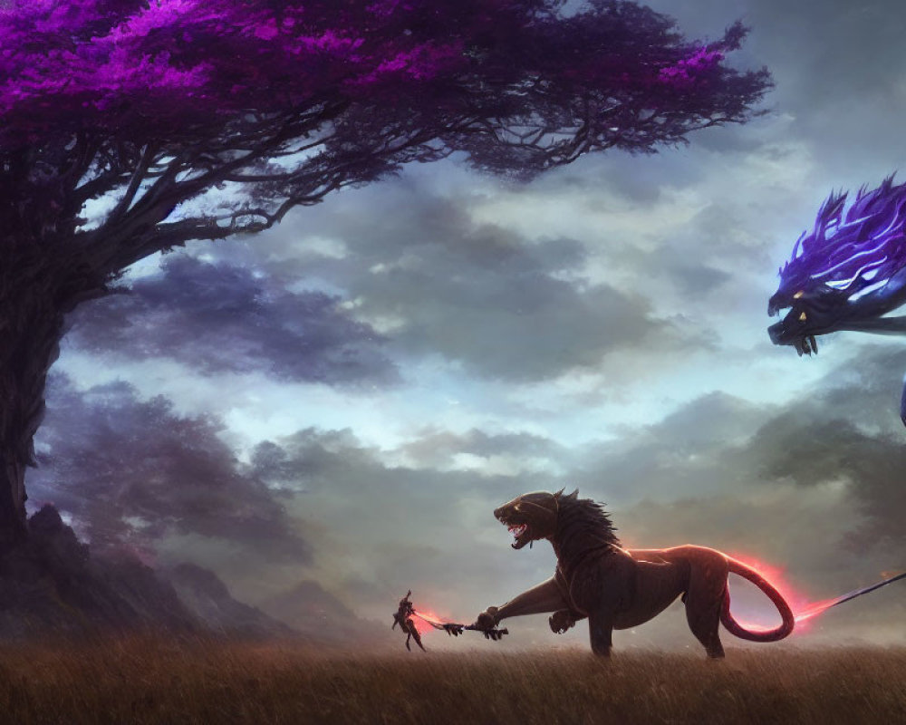 Fantasy scene with humanoid lion, spear-wielding figure, and purple-winged dragon under large tree