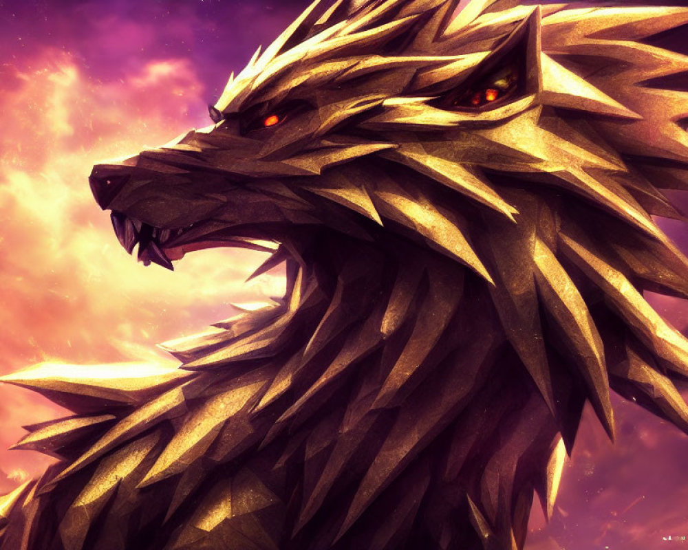 Stylized golden wolf with red eyes in dramatic sky