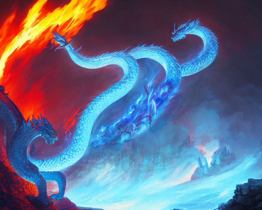 Blue three-headed dragon breathing flames in fiery sky and volcanic landscape