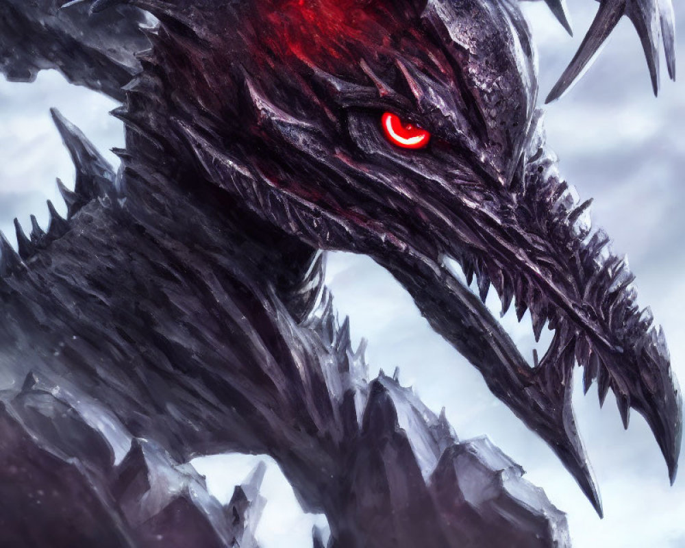 Black dragon with red eyes and spikes in misty backdrop