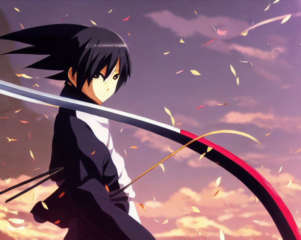 Anime character with black hair holding a curved sword under amber sky