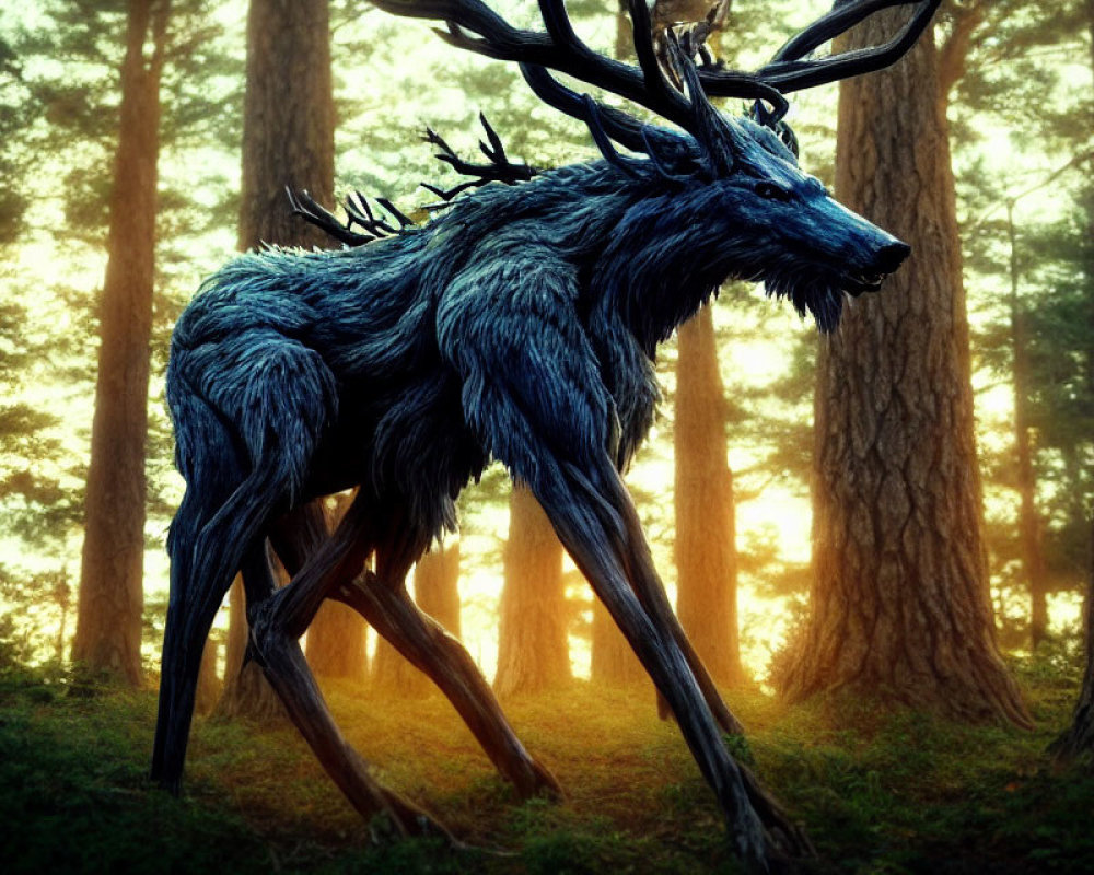 Blue fantasy stag with intricate antlers in sunlit forest