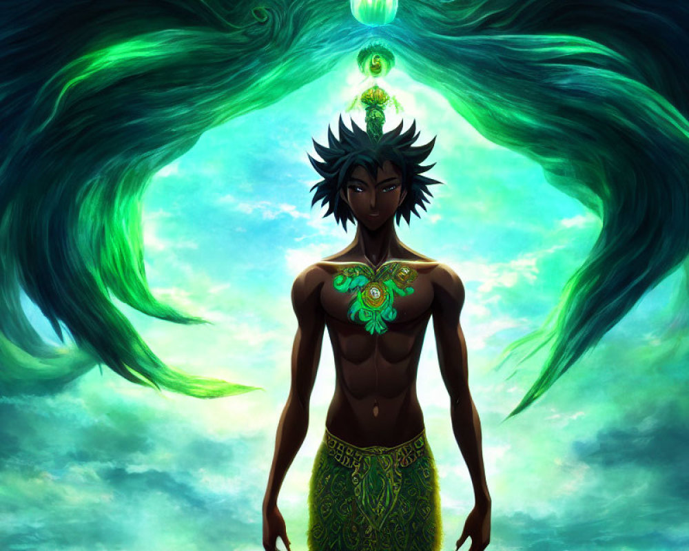 Dark-skinned mystical figure with spiky hair under green auroras and tribal attire.