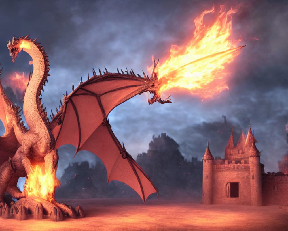 Majestic dragon breathing fire near medieval castle at dusk