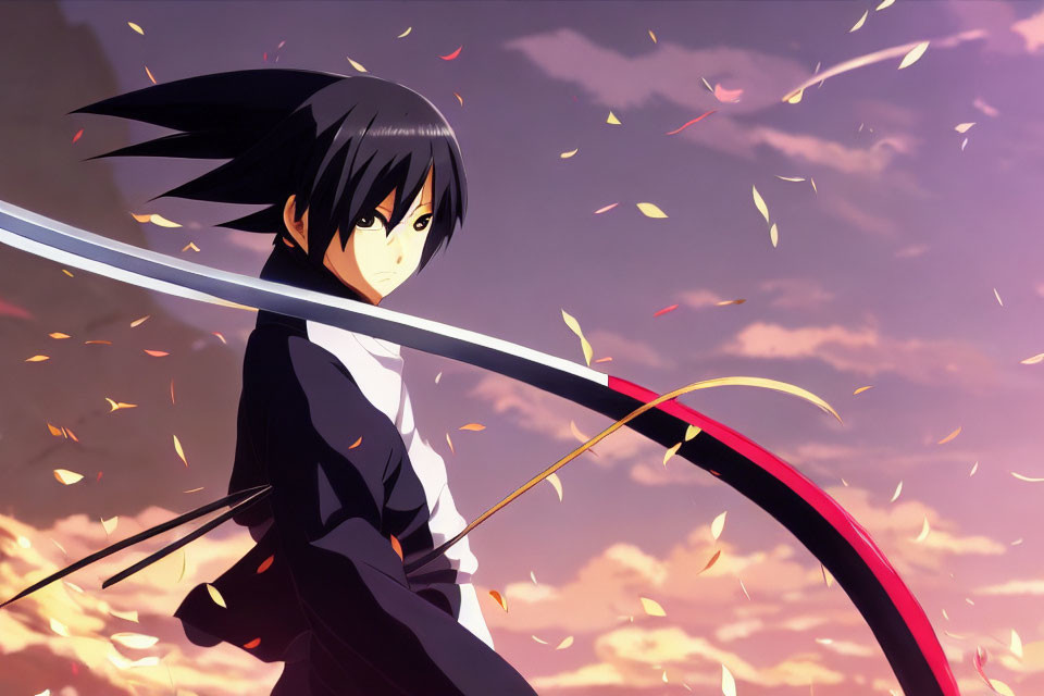Anime character with black hair holding a curved sword under amber sky