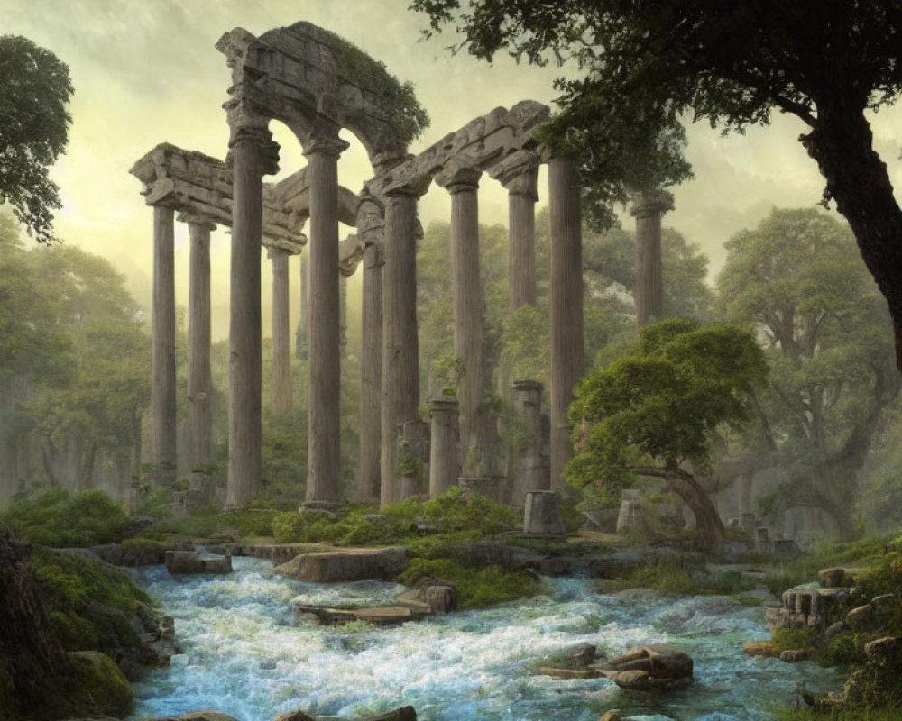 Ancient stone columns in lush forest with blue stream under mystical light