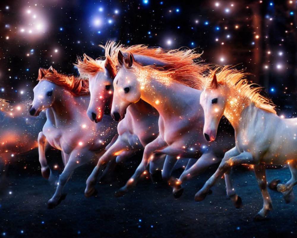 Ethereal glowing horses galloping in cosmic scenery
