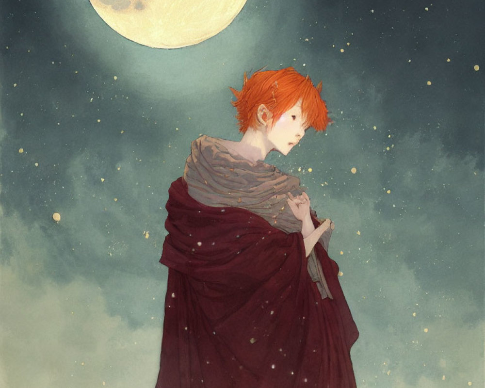 Illustrated figure with orange hair in maroon cloak under starry sky with moon.