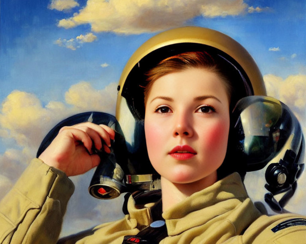 Vintage-style illustration: Young woman in pilot's helmet and flight suit against cloudy sky.