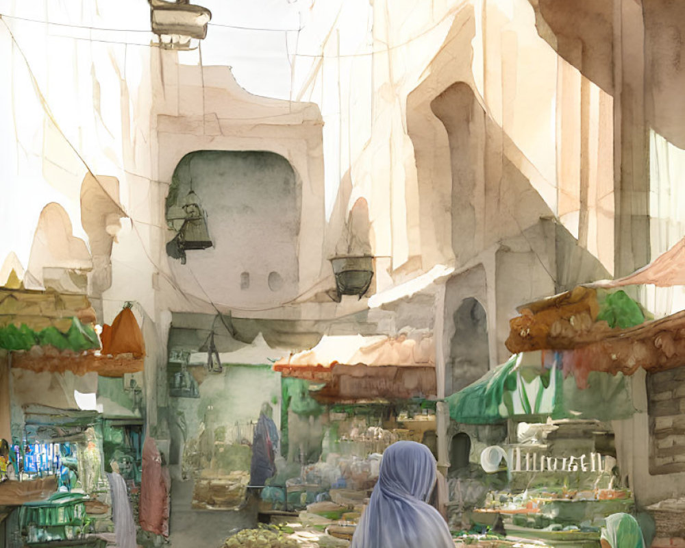 Vibrant watercolor of bustling market street with people and produce stalls
