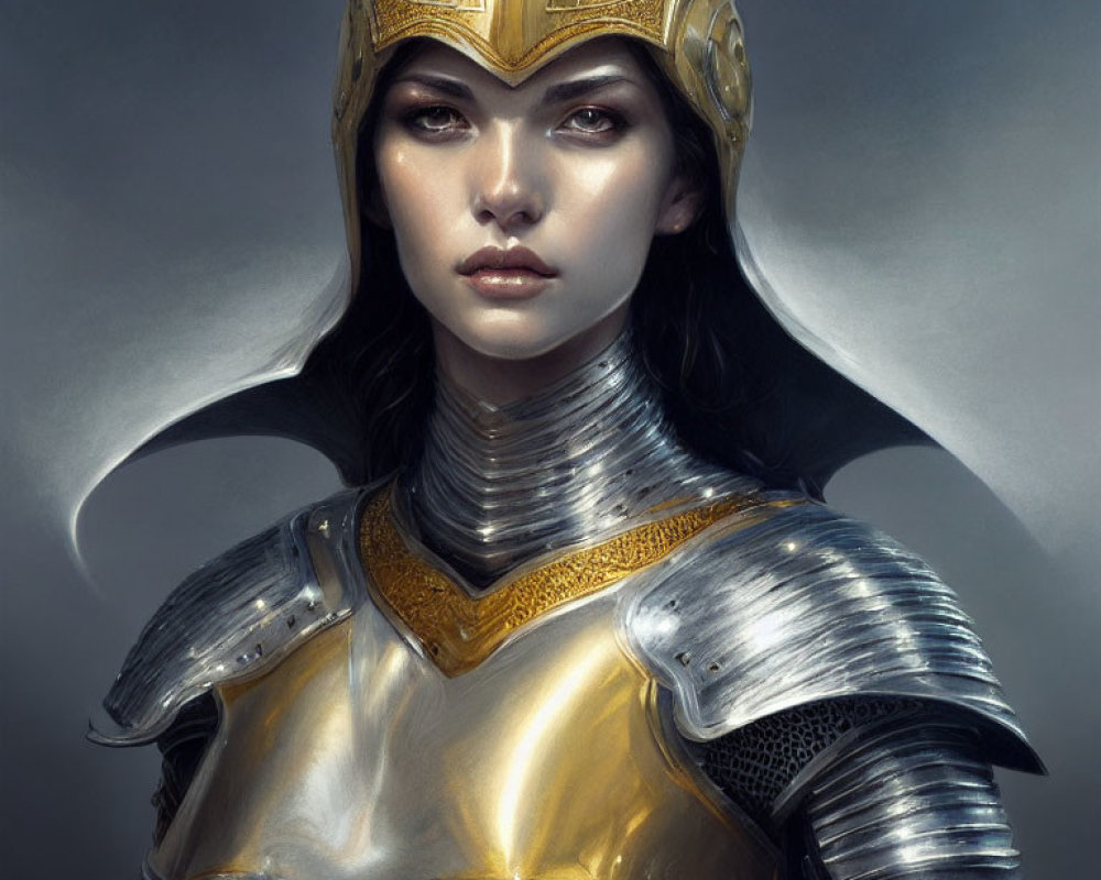 Detailed digital portrait of a woman in ornate medieval armor with decorated helmet.