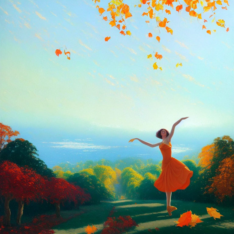 Vibrant autumn landscape with joyful woman dancing